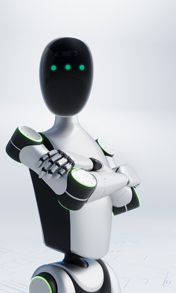 A robot with its arms crossed, looking this way
